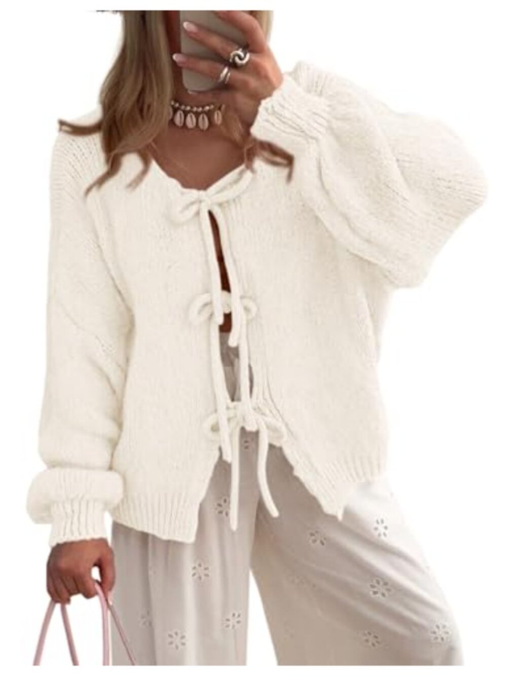 Tie Front Bow Cardigan Cable Knit Puff Sleeve Sweater